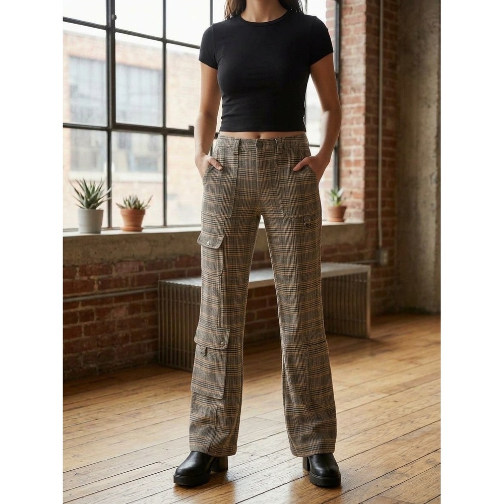 Urban Outfitters Plaid Cargo Pants Brown Tan Straight Leg Utility Size 0